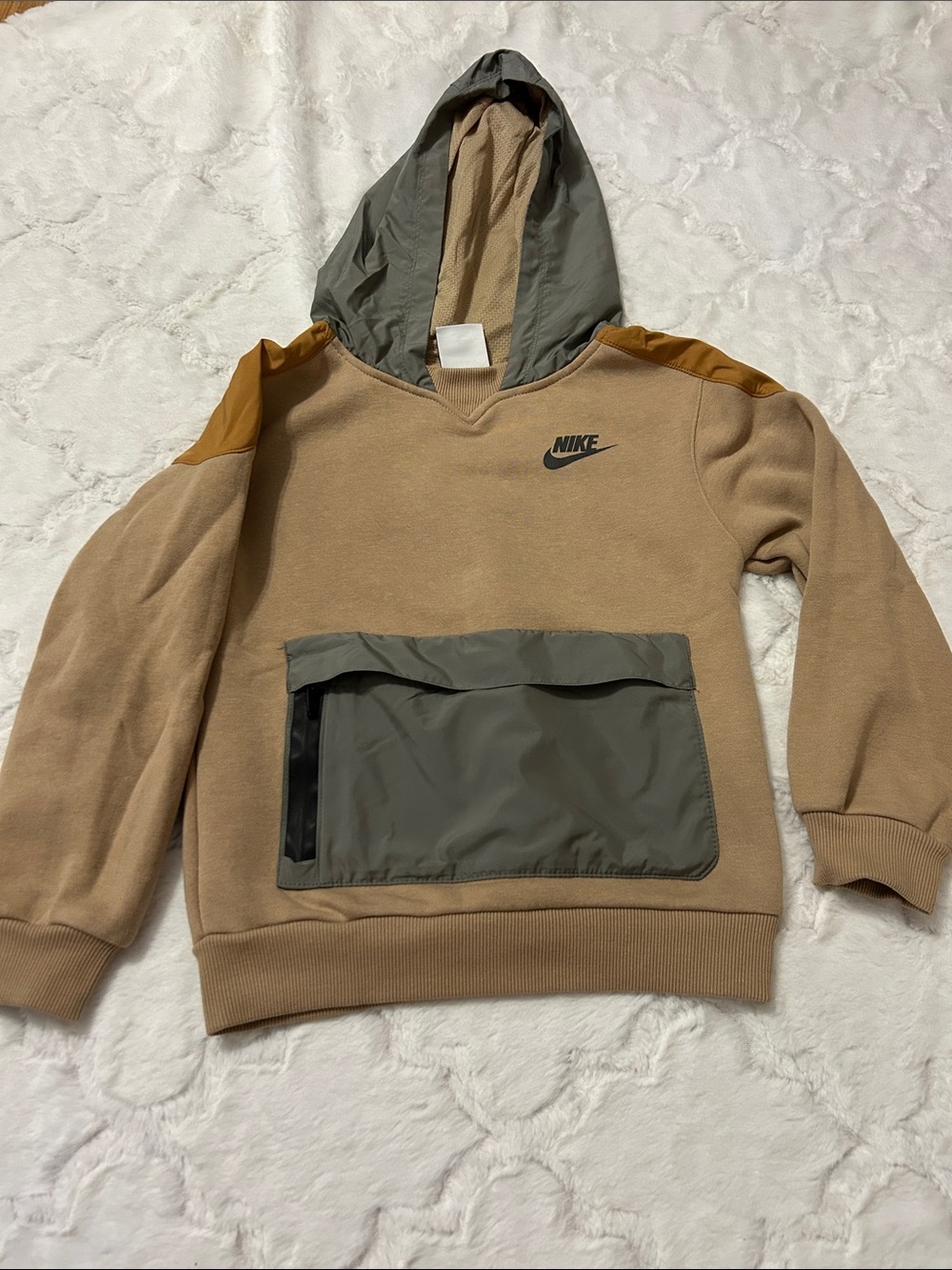 Nike Tan Hoodie with Olive Hood and Pocket, Gold Shoulder Accents